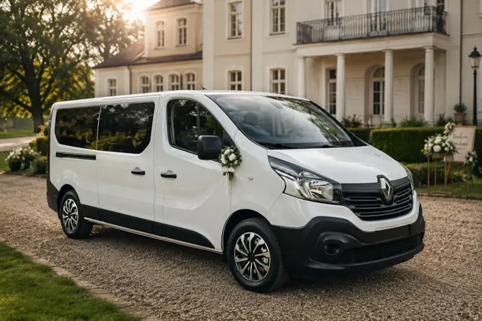 Baltas Renault Trafic 8 vietų mikroautobusas vestuvėms Kaune